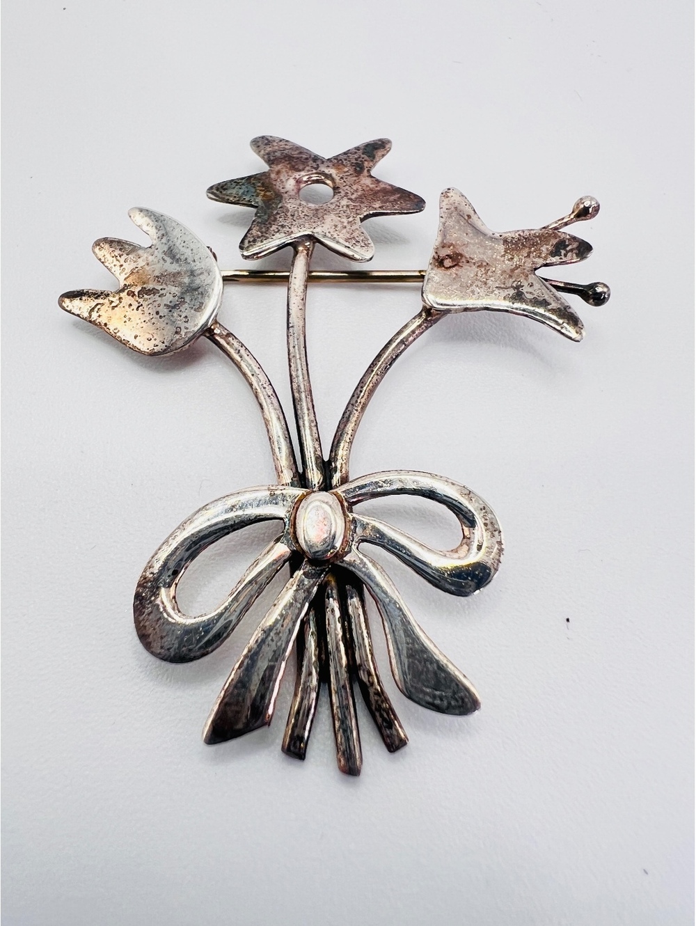 Vintage MEX 925 Sterling Silver Flower Bouquet Brooch Mexico Modernist Pin